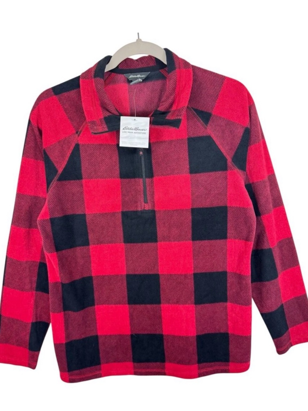 Eddie Bauer NWT Red Black Buffalo Plaid 1/4 Zip Lightweight Fleece Pullover Sz M